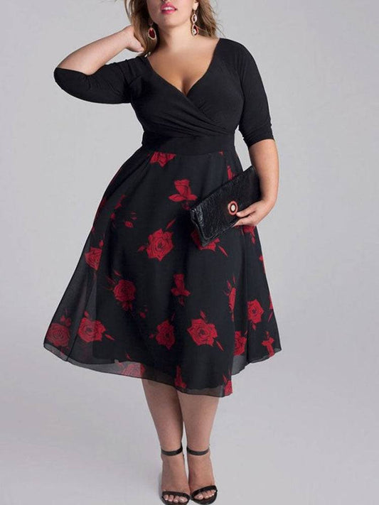 Women's Rose Floral Print Surplice Dress