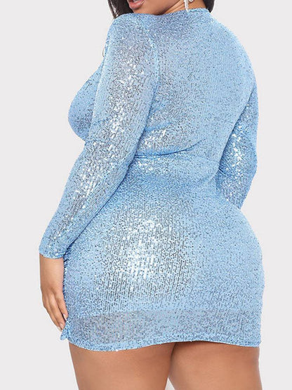 Women's V Neck Long Sleeved Twist Sequin Dress