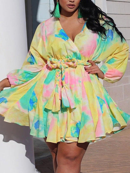 Women's Tie Dye With Belt V Neck Dress