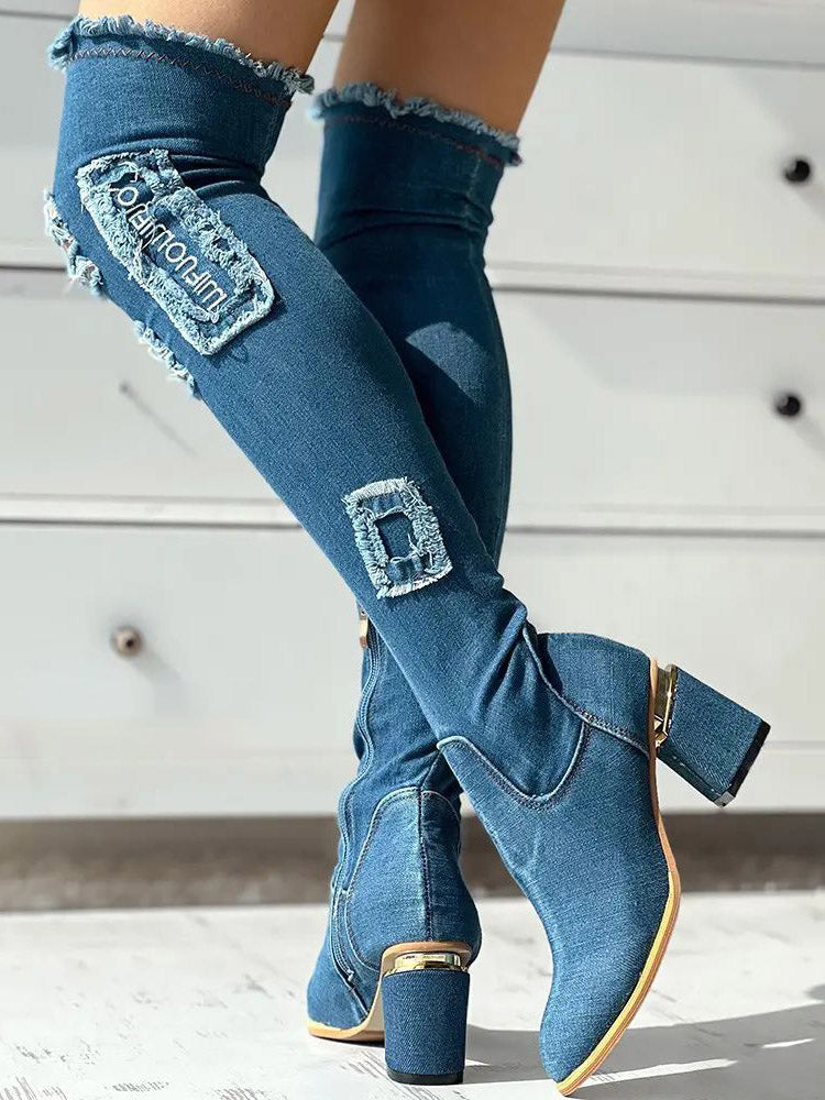 Ripped Over The Knee Denim Boots