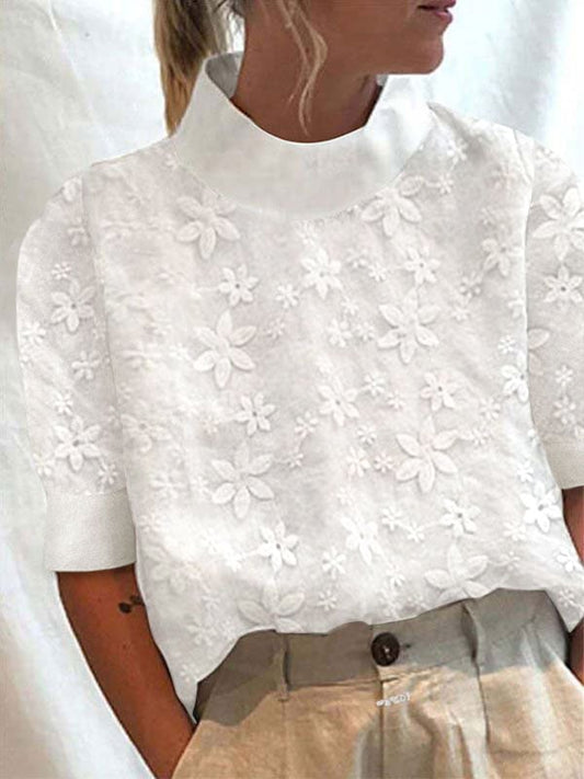 Women's Cotton Linen Lace Lapel Button Down Short Sleeve Shirt