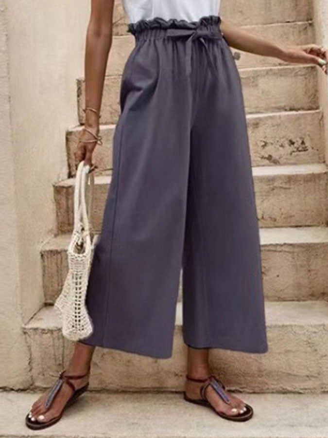 Temperament casual elastic waist cotton hemp belt wide leg pants loose capris