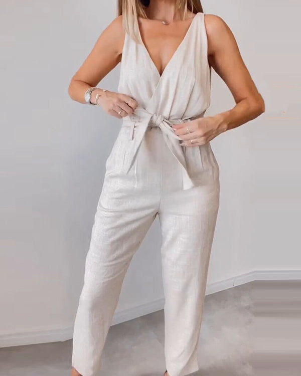 Solid Color Tie V Neck Loose Jumpsuit