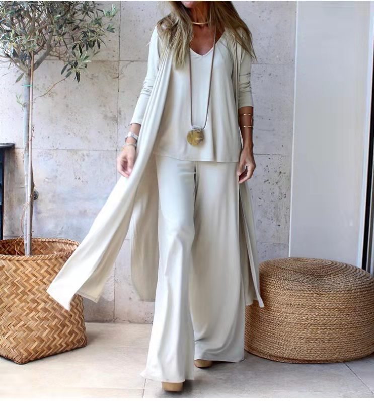 Loose Three-Piece Set V-neck Strap Straight-Leg Trousers Long Cardigan