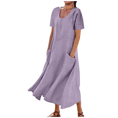 Solid Color Cotton Linen Loose Casual Pocket Dress