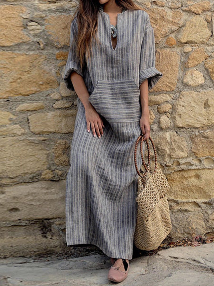 Cosy Cotton and Linen Striped Loose Maxi Dress