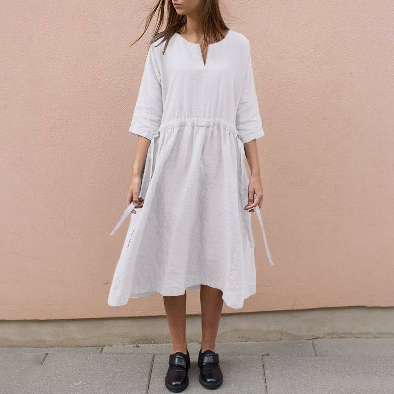 Casual Lace V Neck Cotton Linen Dress