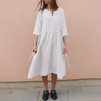 Casual Lace V Neck Cotton Linen Dress