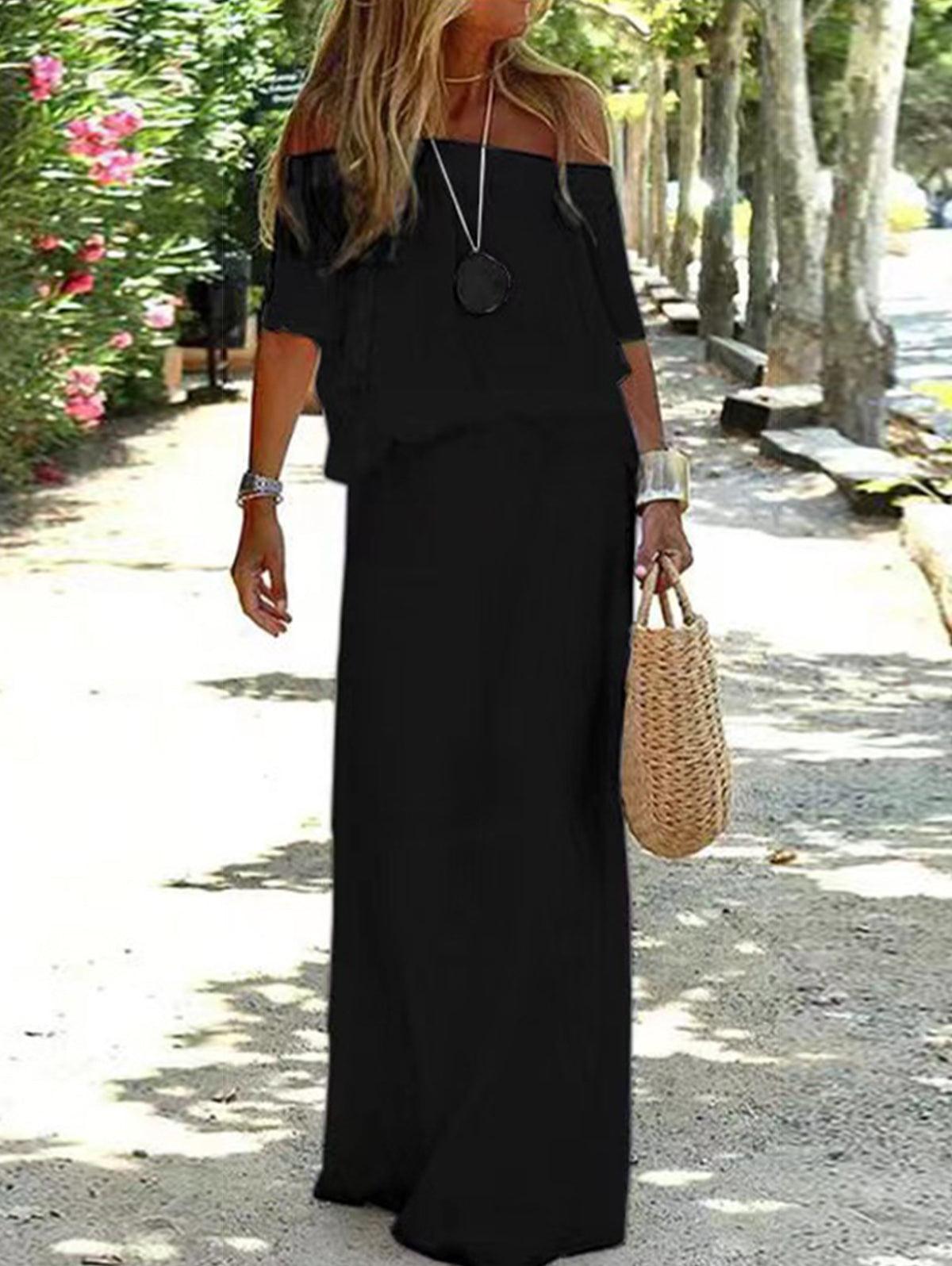 Solid Off Shoulder High Waist Long Maxi Dress