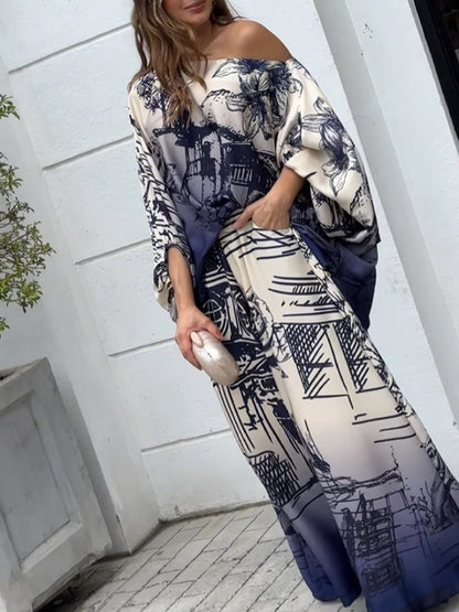 Printed Loose Puff Sleeves Off-the-shoulder Two-Piece Sets Pants Blouses