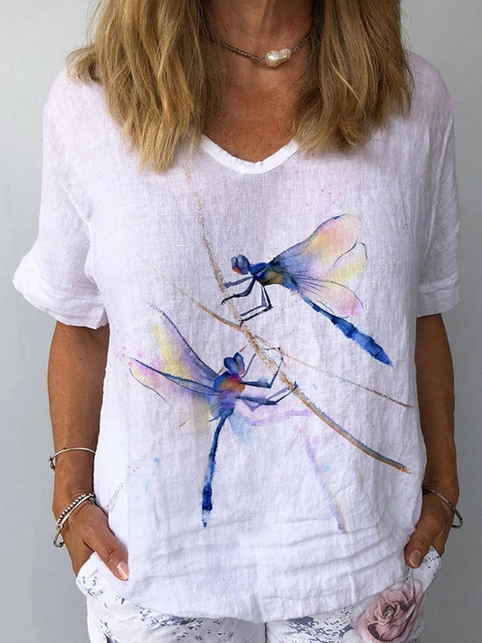 Women's Dragonfly Print Cotton Linen Casual Shirt