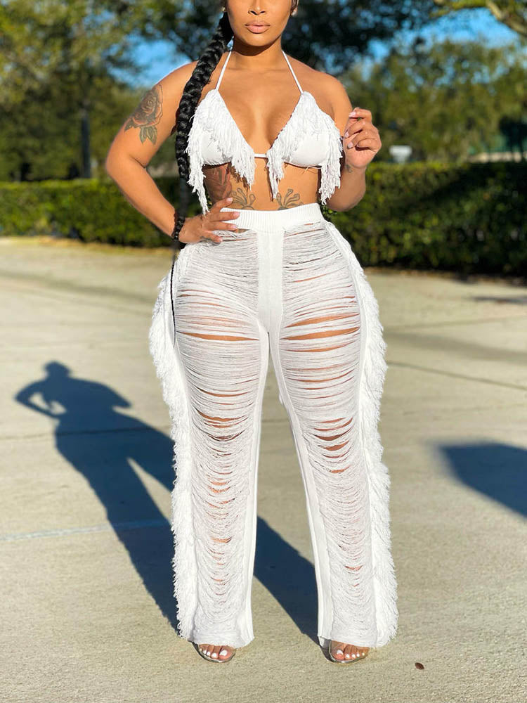 Fringe Trim Halter Crop Top & Pants Set