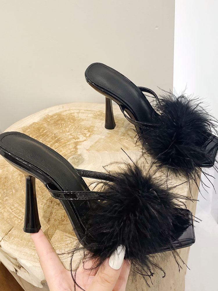 Feather Fur High Heel Mules