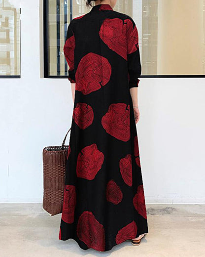 Color Block Long Sleeve Linen Long Dress Printed Contrast Loose Plus Size Maxi Dresses