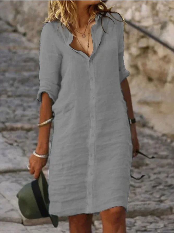 Loose Lapels Button Half Sleeve Solid Color Cotton and Linen Shirt Dress