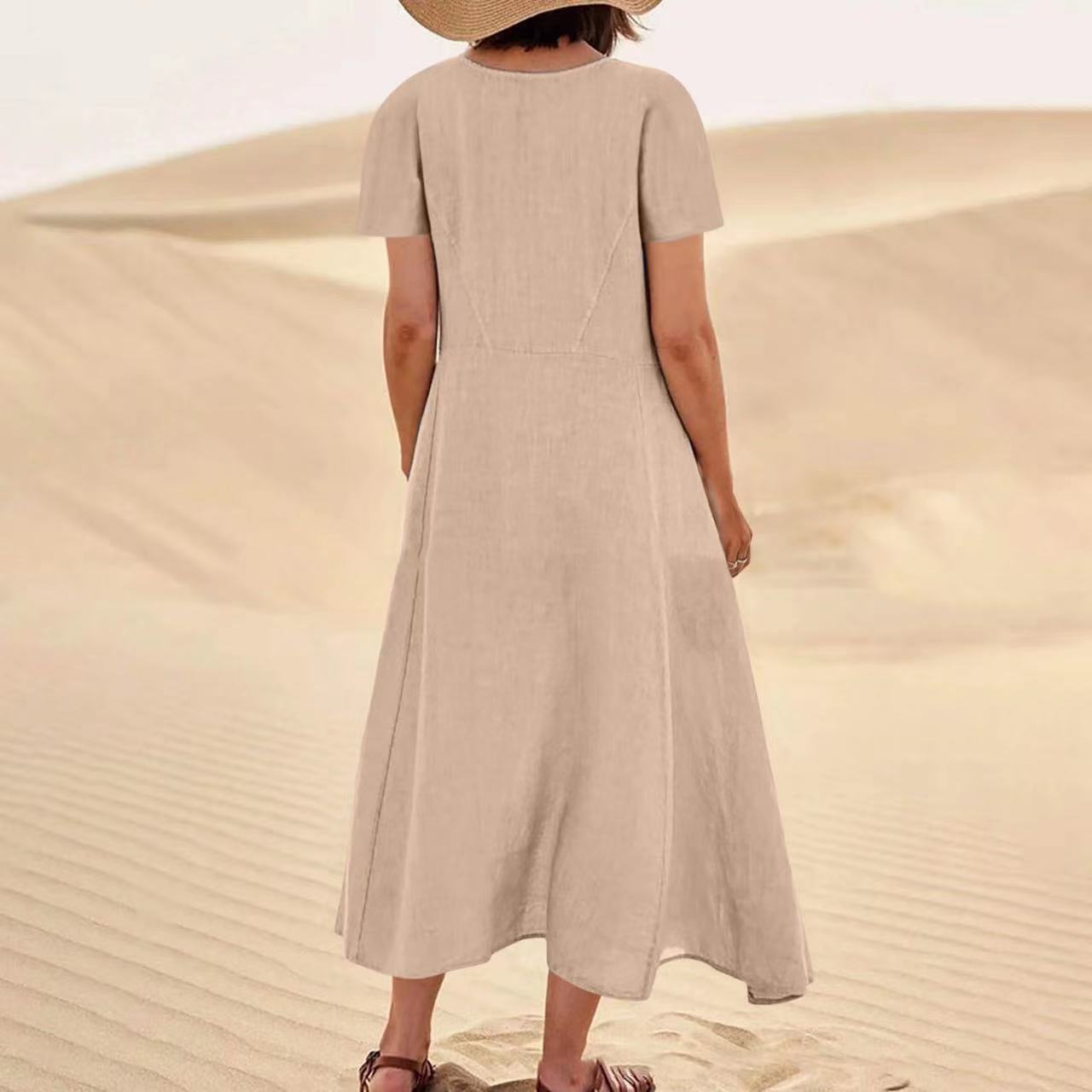 Solid Color Cotton Linen Loose Casual Pocket Dress