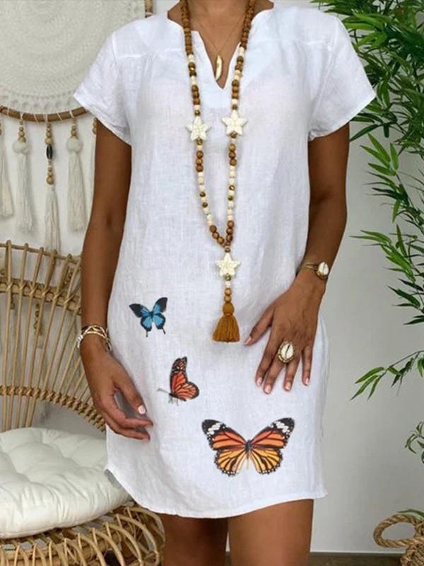 V-neck cotton and butterfly print dress