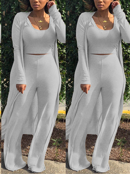 3PC Ribbed Cardigan Tank Pants Set