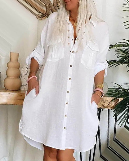 Women's Cotton Linen Solid Long-sleeved Casual Shirt Dress