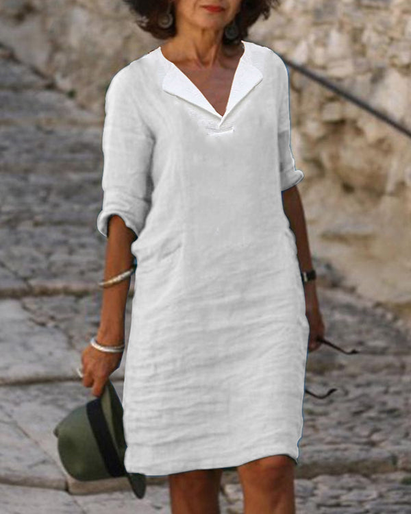 Casual Solid Color V-neck Cotton Dress