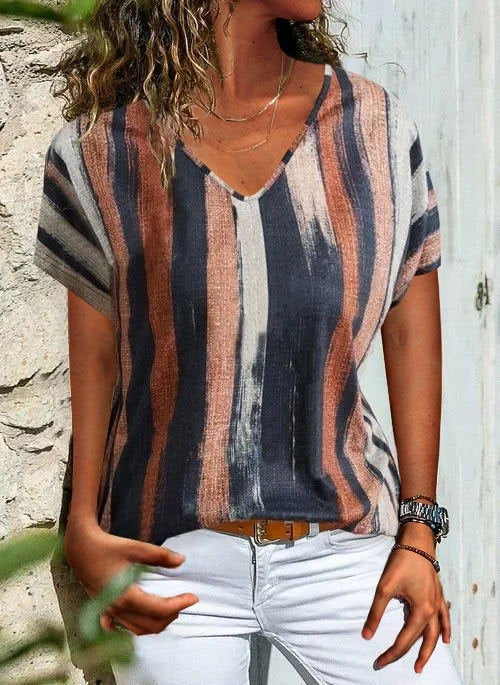 Stripes V Neck Basic Shift T-shirt