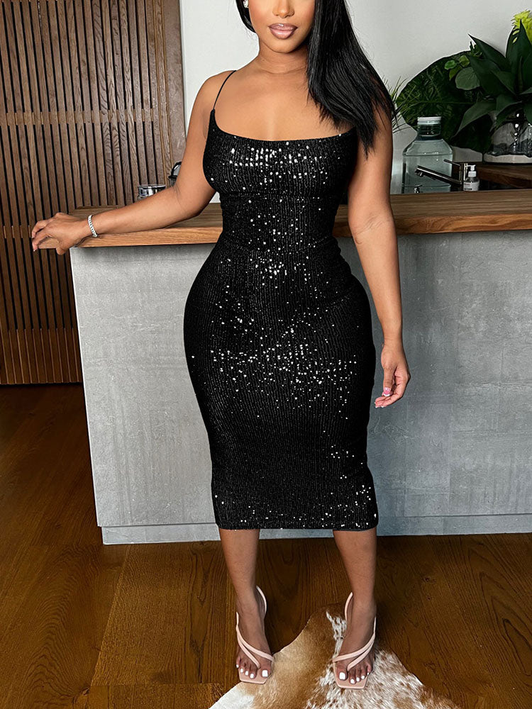 Women's Sequins Backless Spaghetti Strap Dresses