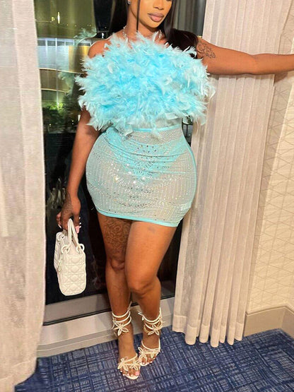 Women's Rhinestone Feather Mesh Dress