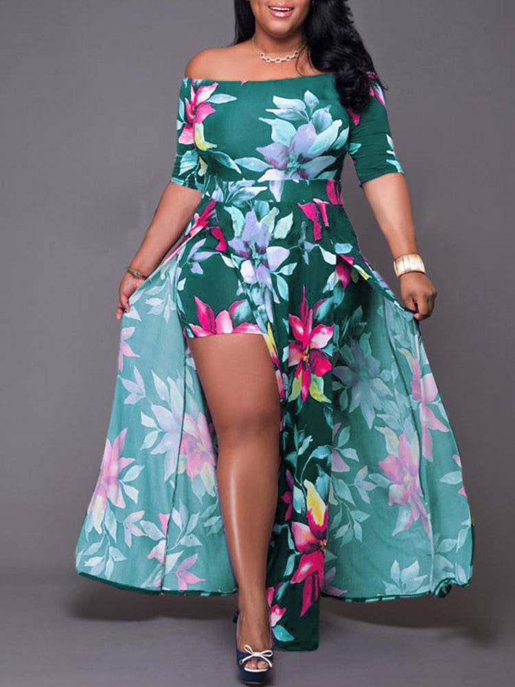 Women's Floral Print Cold Shoulder Slit Dress