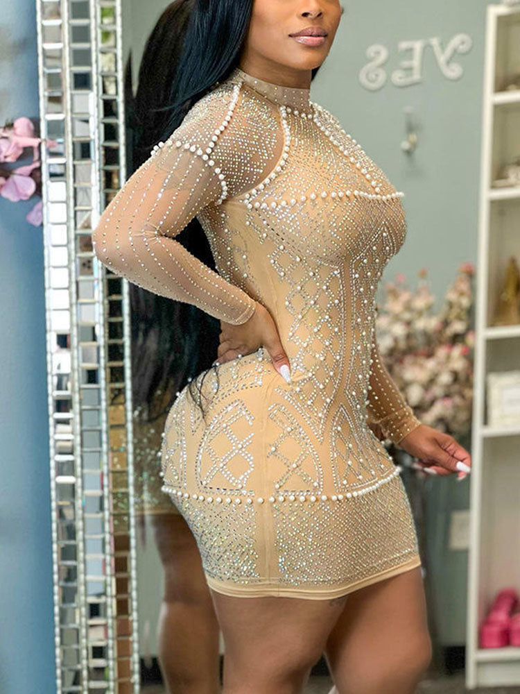 Women's Rhinestone Beaded Mesh Dress