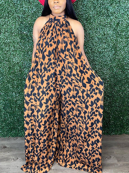 Leopard Halter Backless Jumpsuit