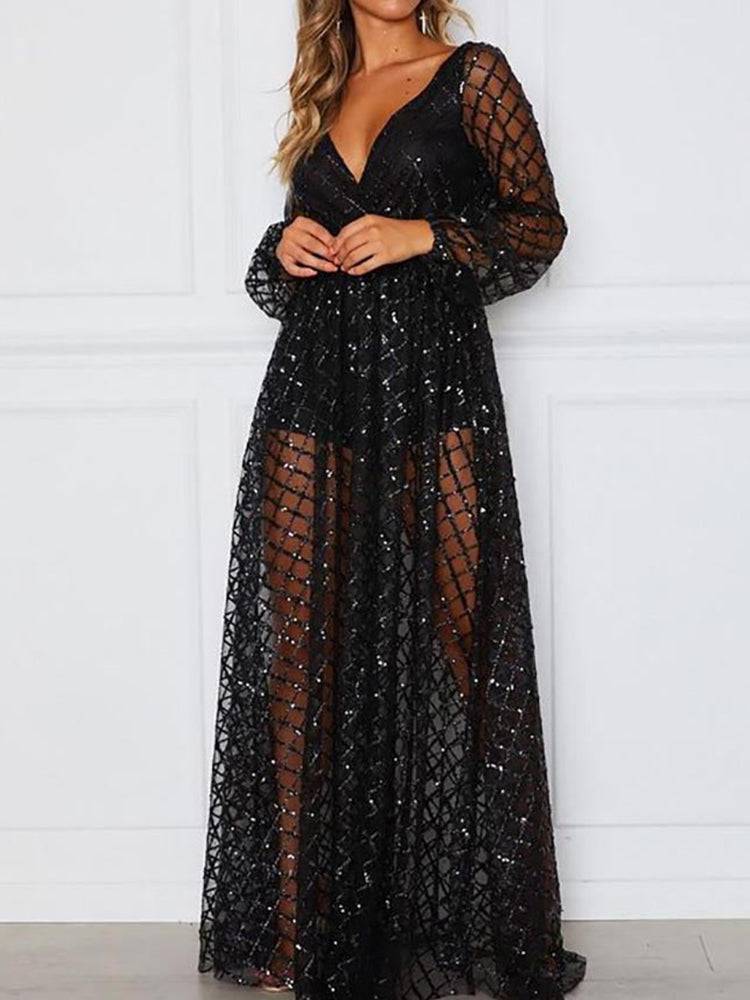 Women's Sequin Mesh V Neck Maxi Dress