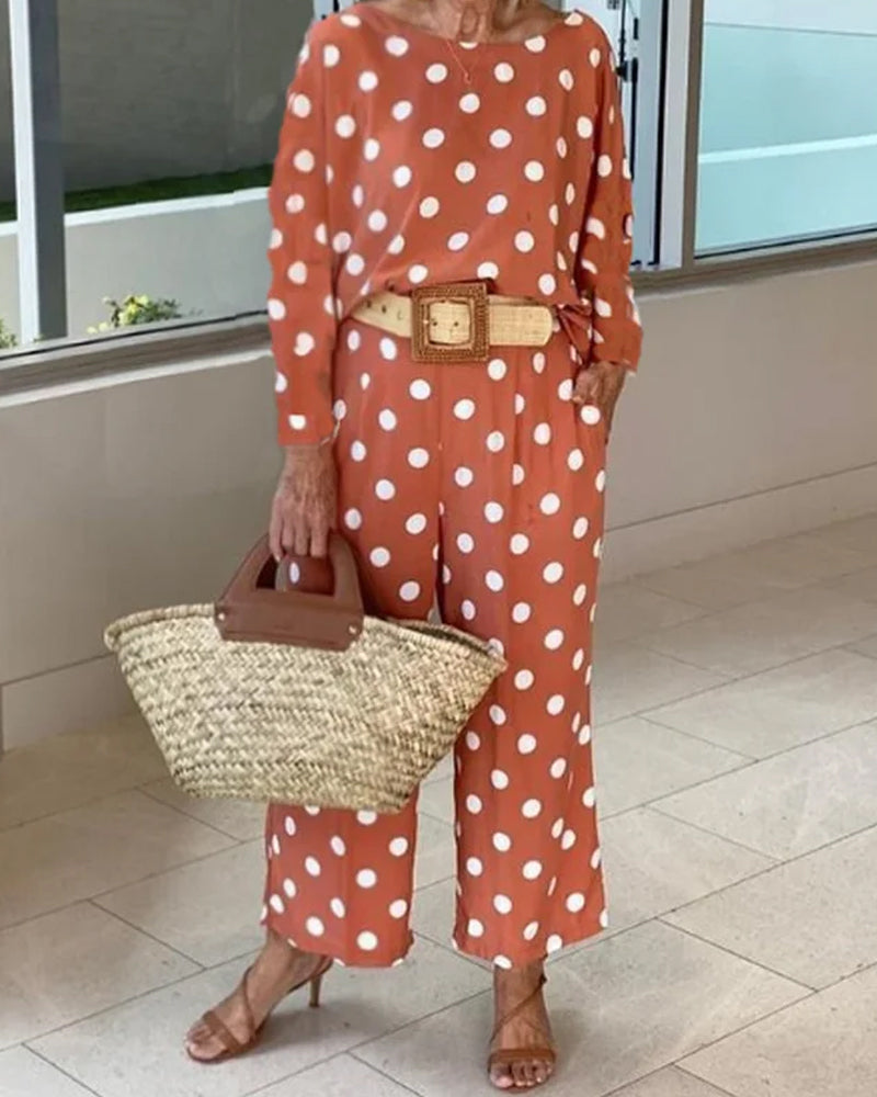 Polka dot long sleeve top wide leg pants set