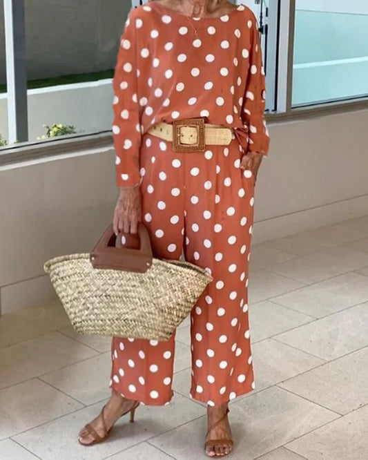 Polka dot long sleeve top wide leg pants set