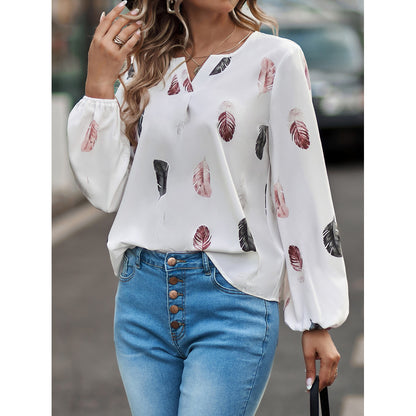 New V-neck Feather Print Long Sleeve Loose T-shirt