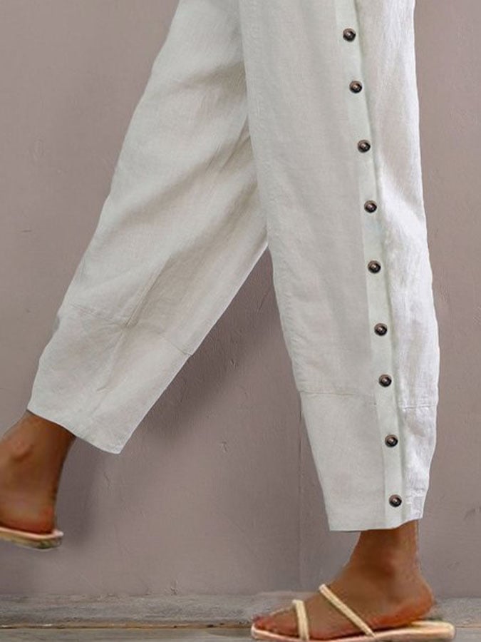 Women's Casual Cotton Linen Button Pocket Trousers