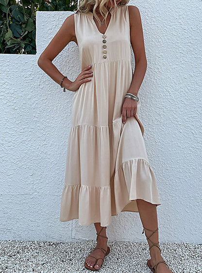 Women's Sleeveless Draped Dress Loose V-neck Mid-Length Dress