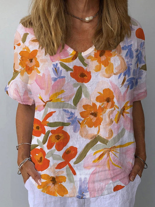 Women's Retro Floral Casual V-Neck Cotton And Linen Top