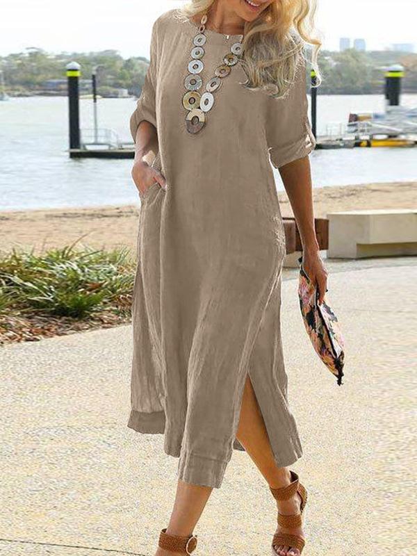 Casual Vintage Long Shirt Dress with Long Sleeves and Long Slit Skirt