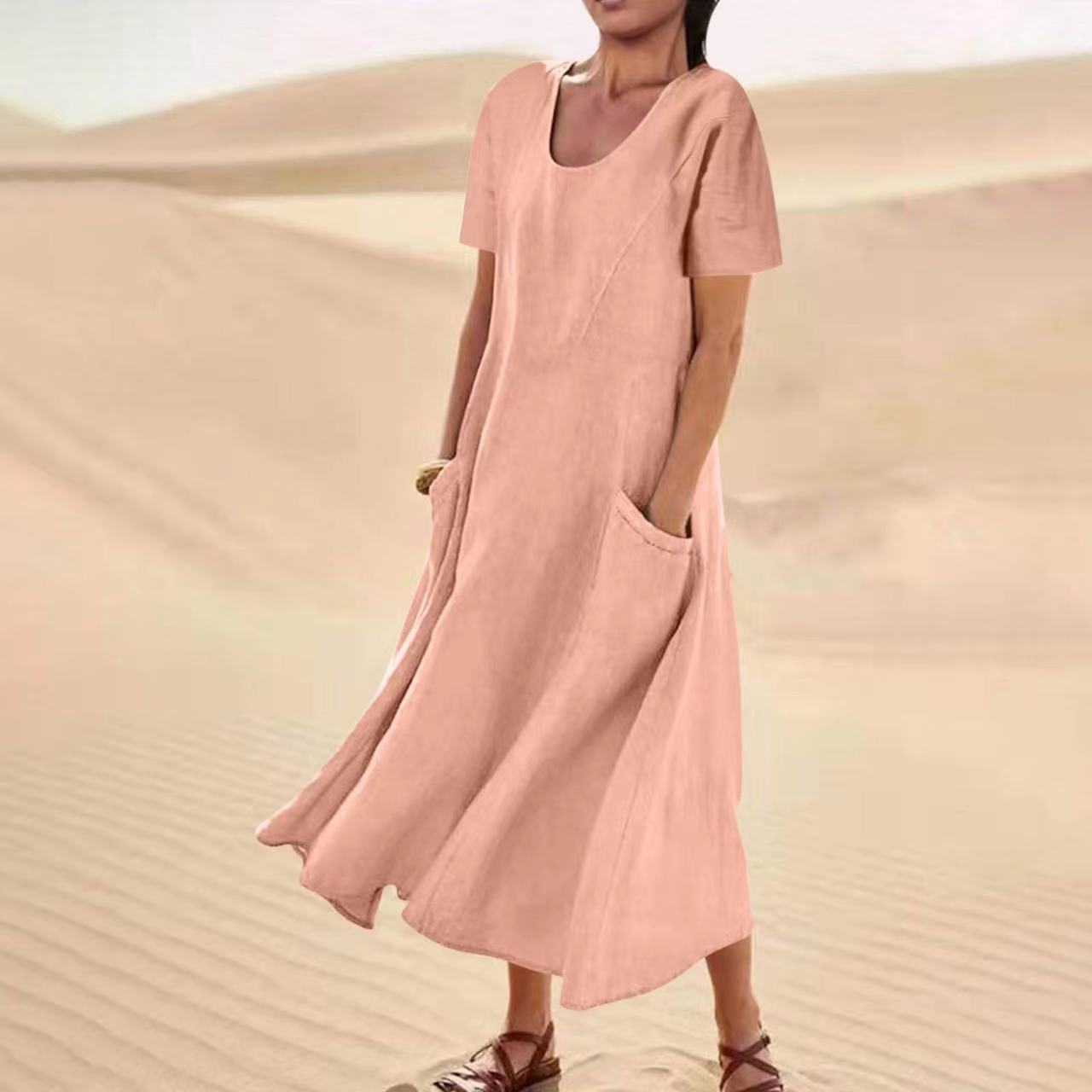 Solid Color Cotton Linen Loose Casual Pocket Dress