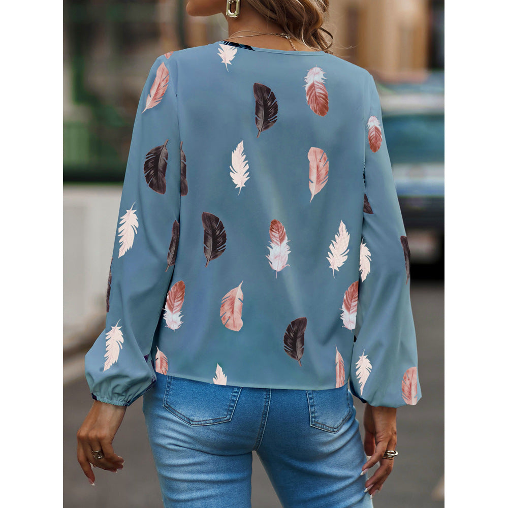 New V-neck Feather Print Long Sleeve Loose T-shirt