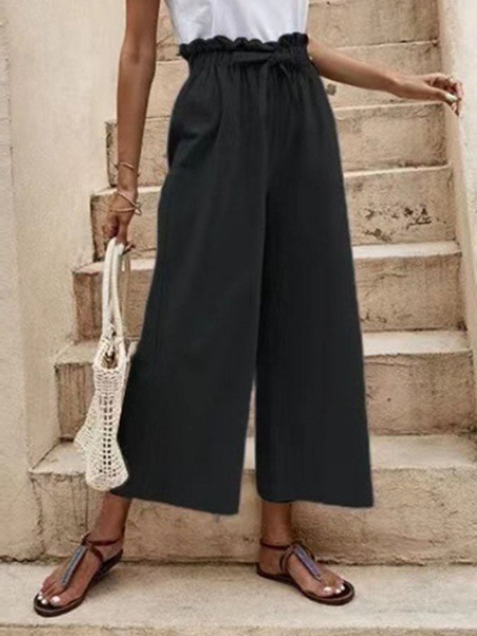 Temperament casual elastic waist cotton hemp belt wide leg pants loose capris