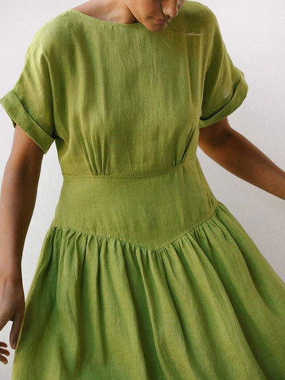 Women's  Linen Grass Green Midi Dress