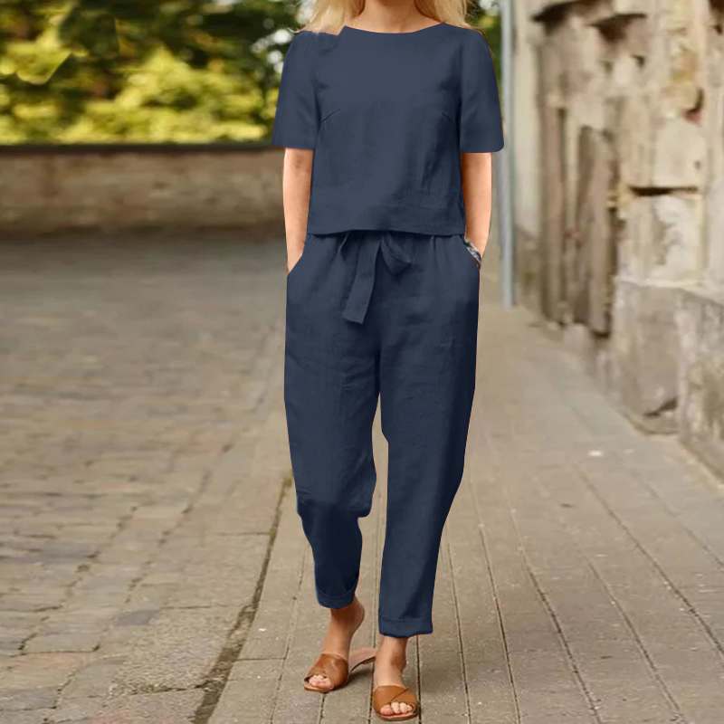 Summer Fashion Solid Color Short-Sleeved Trousers Two-Piece Suit (Including Belt)