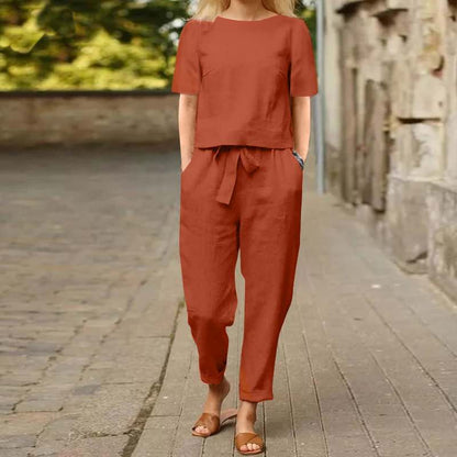 Summer Fashion Solid Color Short-Sleeved Trousers Two-Piece Suit (Including Belt)