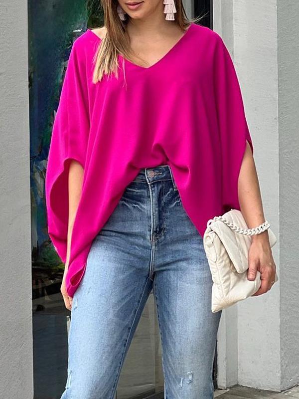 Women's V-neck Loose Bat Sleeve Top