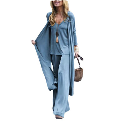 Loose Three-Piece Set V-neck Strap Straight-Leg Trousers Long Cardigan