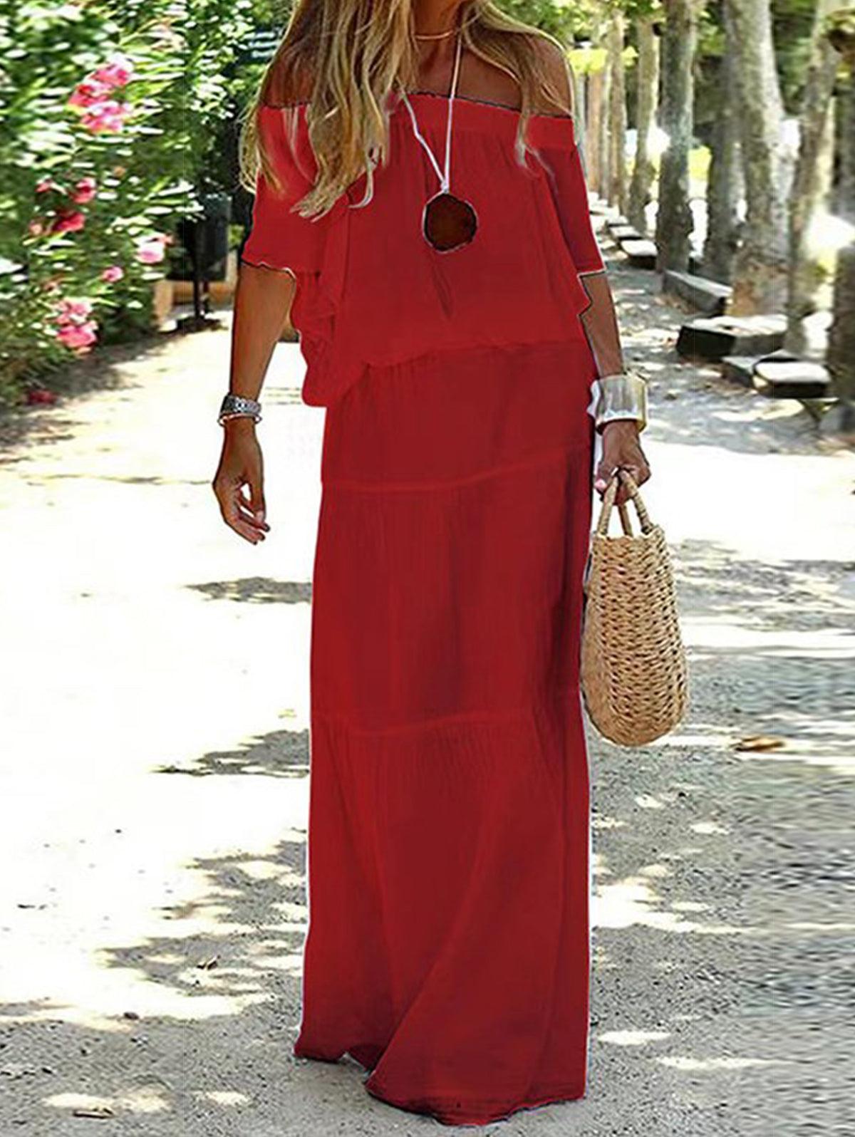 Solid Off Shoulder High Waist Long Maxi Dress