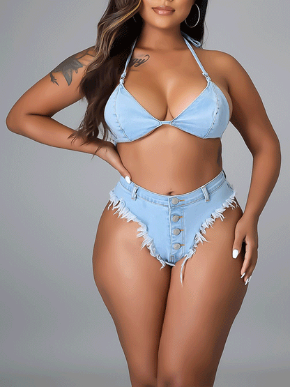 Halter Backless Denim Bikini Set