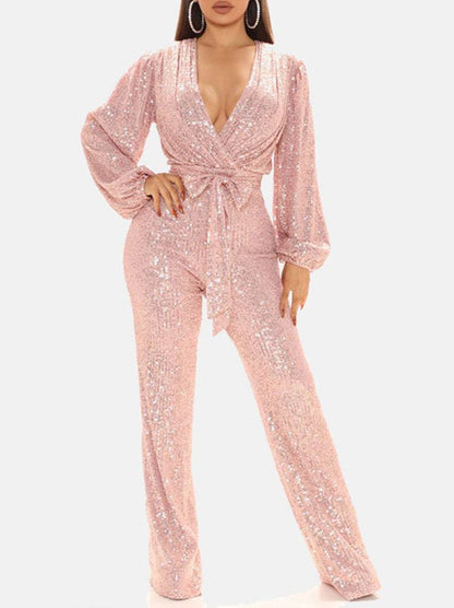 Women's Sequin Long Sleeve V Neck Jumpsuit