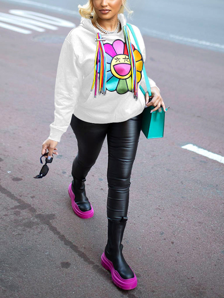 Printed Drawstring Hooded Sweatshirt